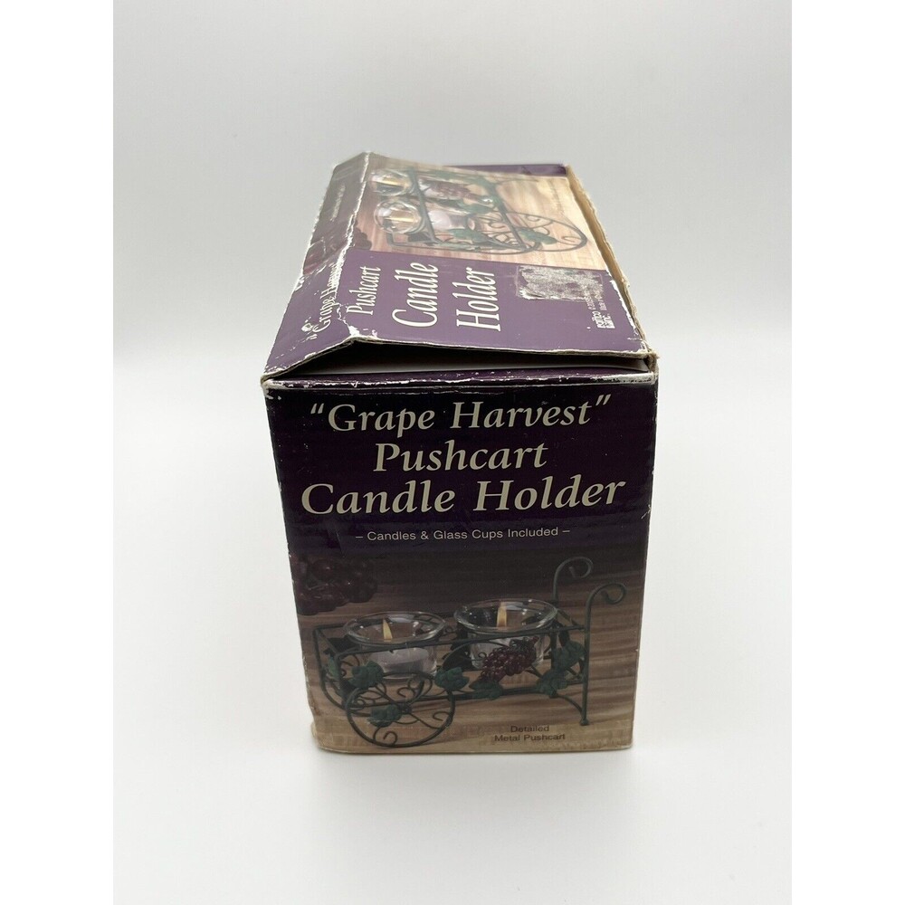 Vintage Giftco Grape Harvest Pushcart Candle Holder & 2 Glass Candles New In Box - Picture 5 of 9